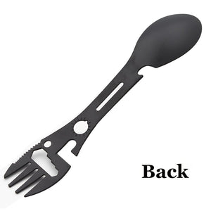 10-in-1 Multi-Functional Spork: Stainless Steel Portable Utensil Spoon, Can Opener, Serrated Knife, Wrench, Direction Indicator, Harpoon - P