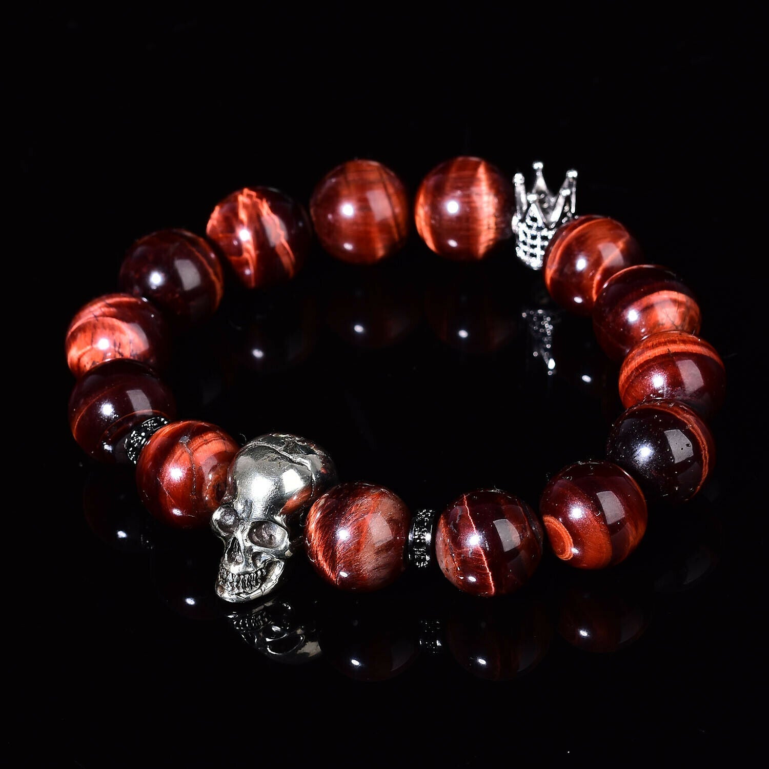 Natural Red Tigers Eye Bracelet Reiki Style Skull Fashion Chakra Crystal Beads