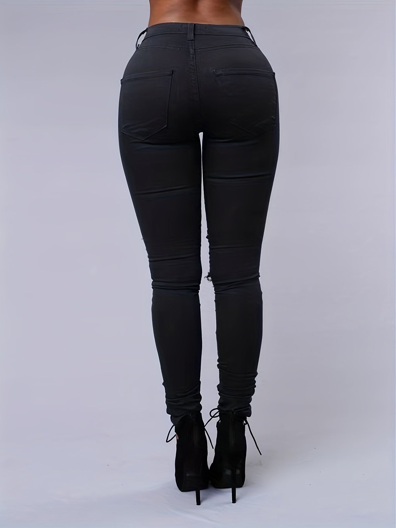 Elegant High-Stretch Skinny Jeans for All Seasons, Ripped with Chain Detail, Mid-Waist Comfort Fit Denim