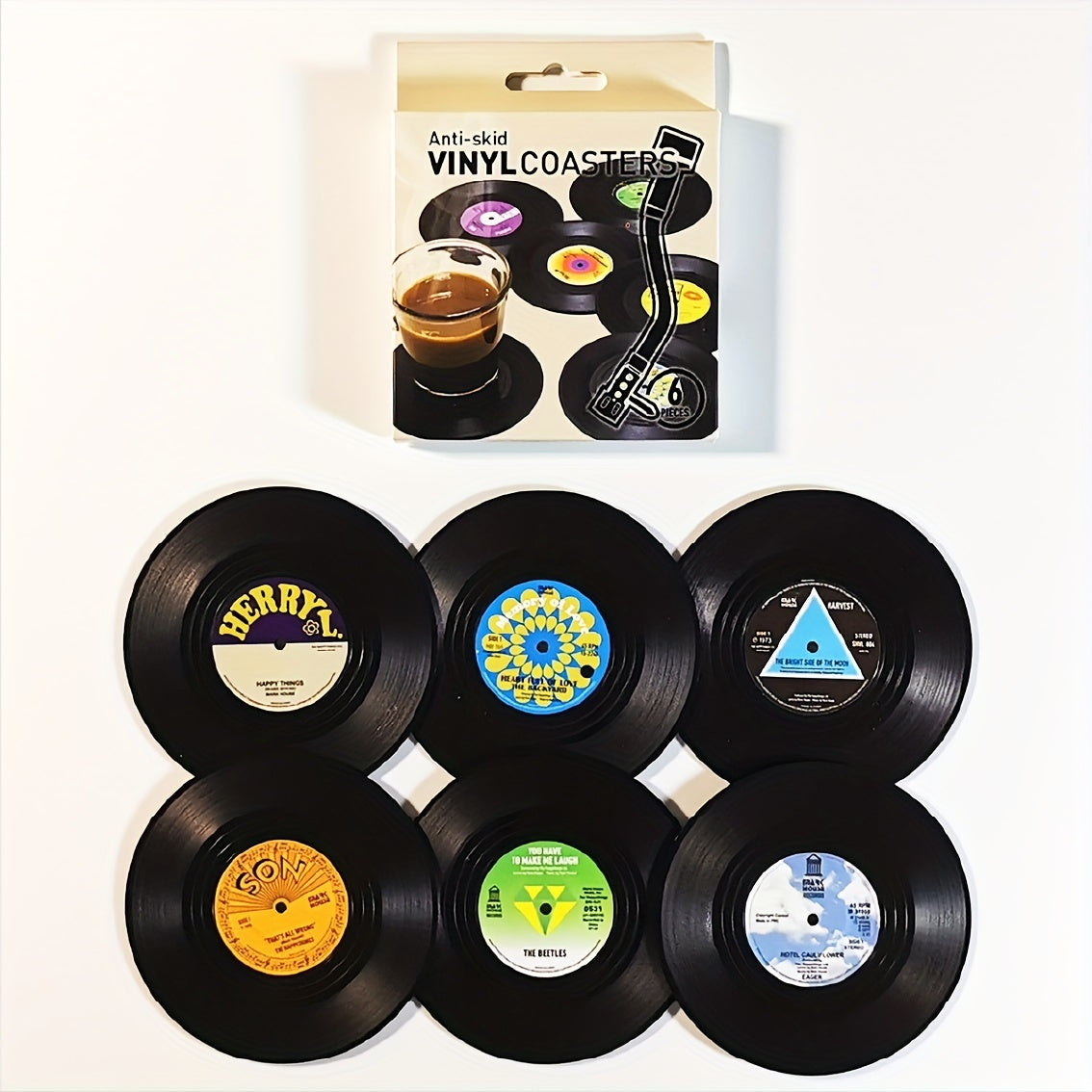 6pcs, Non-Slip Vinyl Record Coasters with Holder - Heat Insulated Cup Mat for Home and Room Decor - Drinkware Accessories