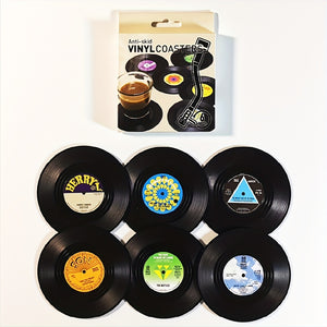 6pcs, Non-Slip Vinyl Record Coasters with Holder - Heat Insulated Cup Mat for Home and Room Decor - Drinkware Accessories