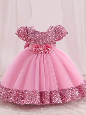 Sparkling Sequin Princess Tutu Dress for Girls - Midi, Belted, Puff-Sleeve with Comfort Viscose Lining, Perfect for Spring-to-Fall