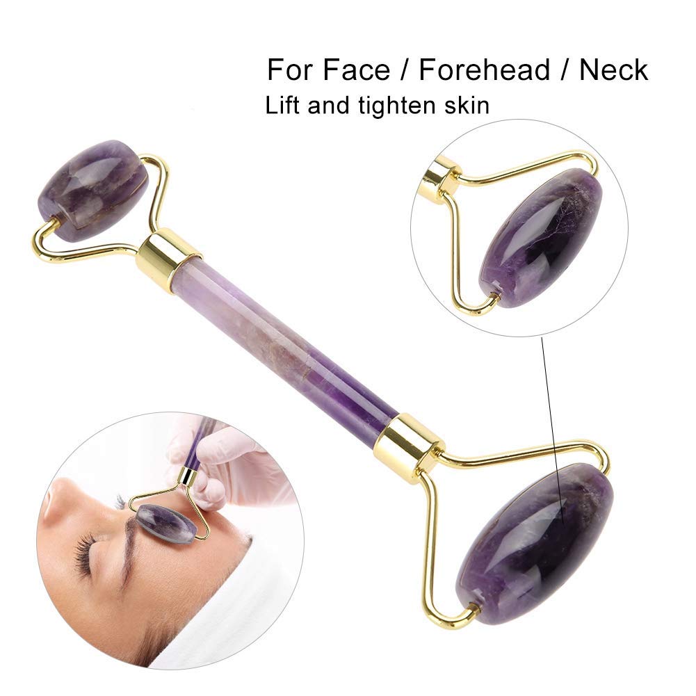 5.9Inch Amethyst Quartz Crystal Double-Head Beauty Roller Face Neck Massage Tool- Facial Roller Massage for Anti Wrinkle Anti Ag