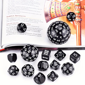 15 Pieces Complete Polyhedral D3-D100 Spherical RPG Dice Set In Opaque Black, 100 Sides For Role Playing Table Games Party Supplies