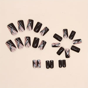 24pcs Glossy Medium Square Fake Nails, Burgundy Color Press On Nails With Geometry Line And Silvery Glitter Design, Sparkling Full Cover Fal