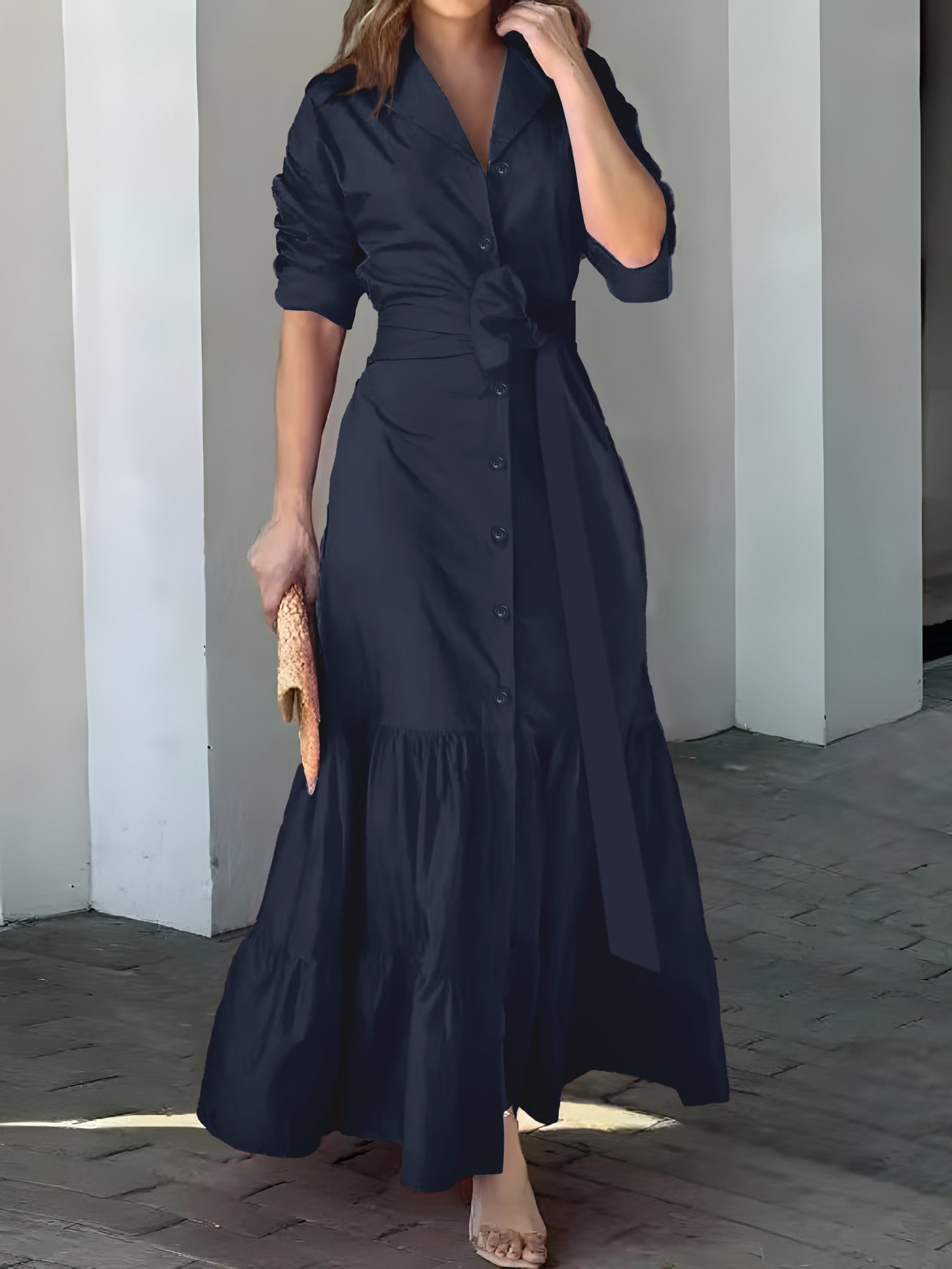 Elegant Maxi Dress with Belt and Ruched Sleeves for Women - Chic Ruffle Trim, Woven Polyester, Ideal for Spring/Fall