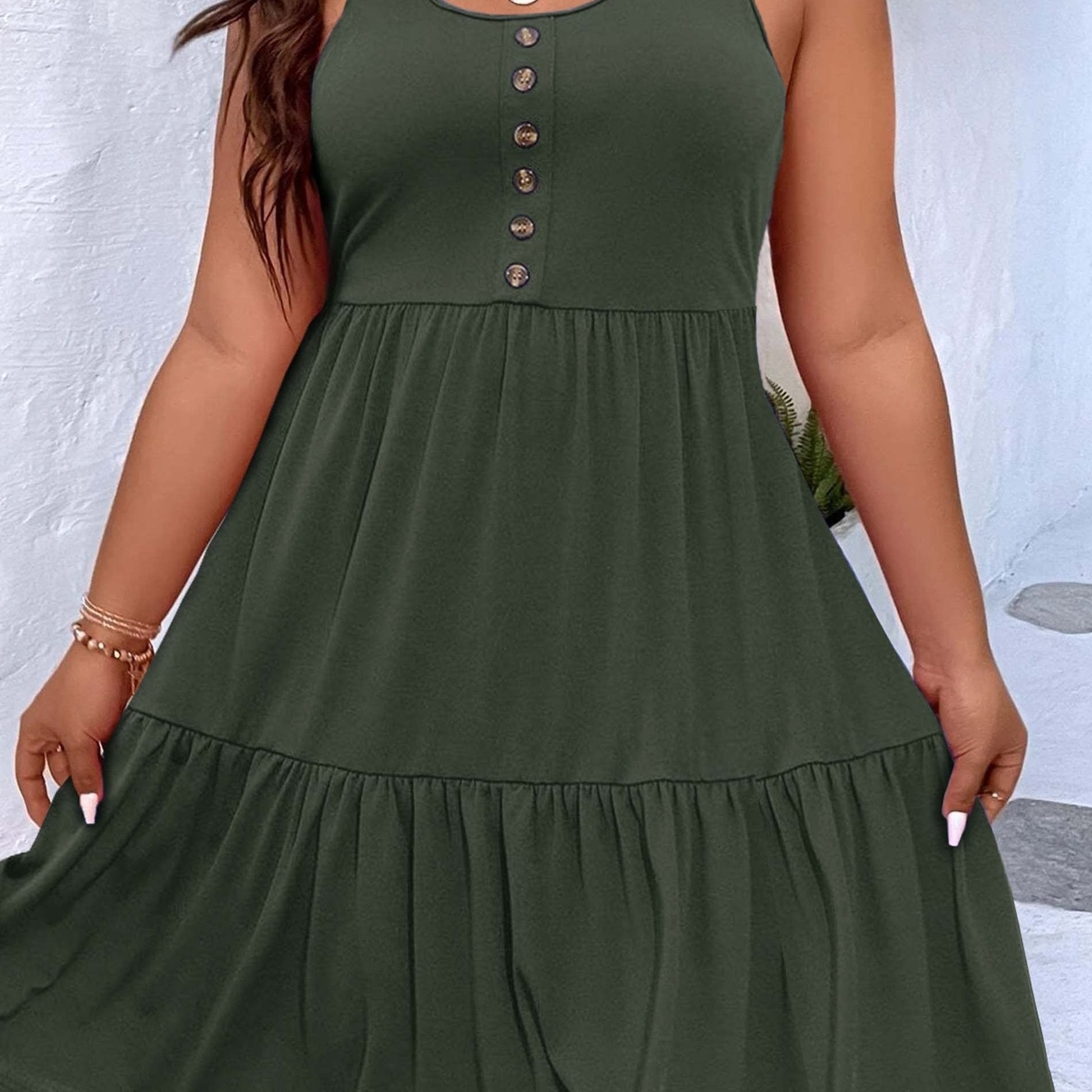 Plus Size Casual Loungewear, Women's Plus Ruffled Hem Button Detail Medium Stretch Comfort Tank Dress