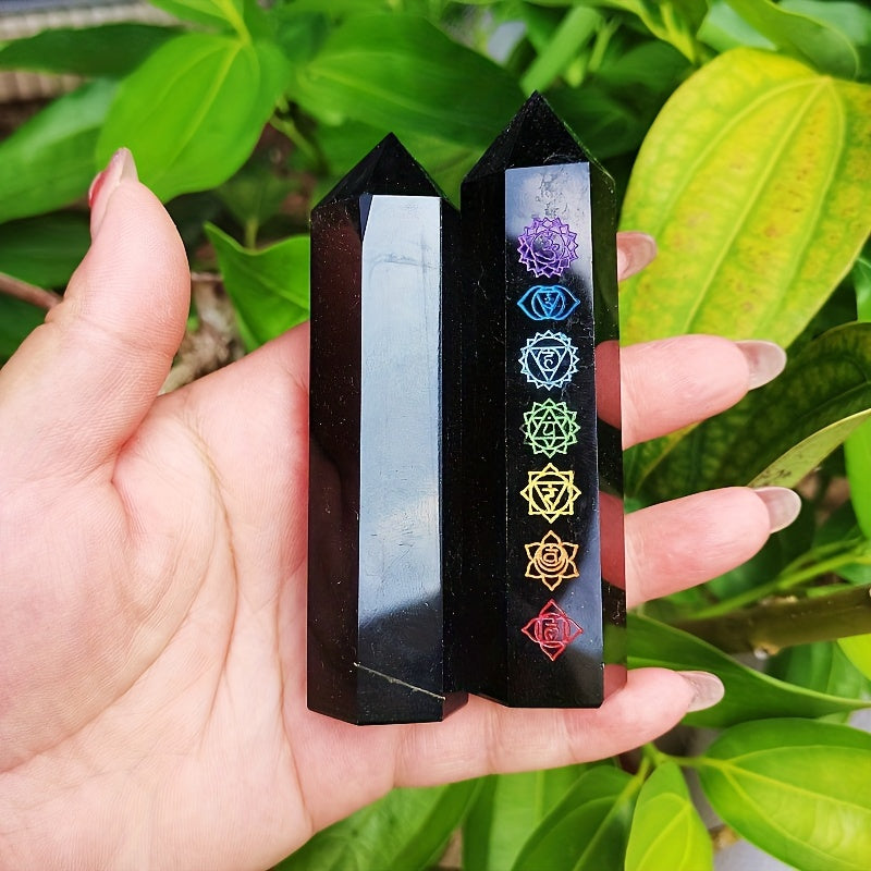 Black Obsidian Seven Main Chakras Symbolic Crystal Tower Healing Crystal The Seven Chakras Wand For Spiritual Use Hexagonal Point Reiki Chakra Gemsone Home Office Decoration