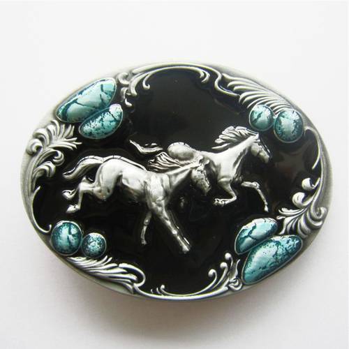 Western Zinc alloy Leather Belt Buckle Double Running Horses Oval Shape Pattern US Local Shipping