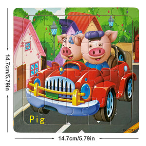 5.79in/14.7cm 20pcs/pack Wooden Puzzle Cartoon Animals Car Letter Number Pattern Jigsaw Puzzles Game, Kids Educational Learning Toys For Chi