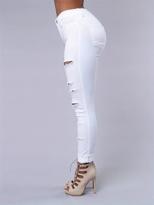 Elegant High-Stretch Skinny Jeans for All Seasons, Ripped with Chain Detail, Mid-Waist Comfort Fit Denim