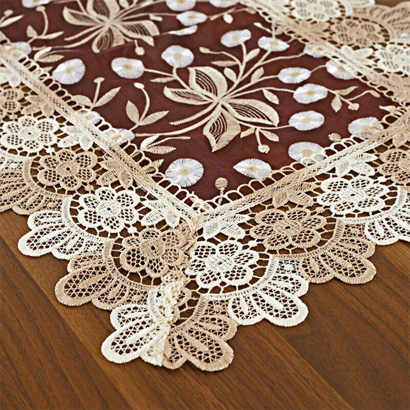 Lace Floral Embroidery Table Runner, Polyester Rectangle Transparent Dresser Scarf for Home Dining Room Tabletop Decoration, 16 x 48 Inches, Beige