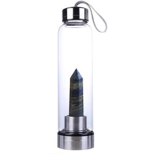 Crystal Glass Water Bottle, Water Bottle with Gemstone Center Crystal Elixir Bottle with Natural Crystal Point Healing Obelisk Wand Energy Cup