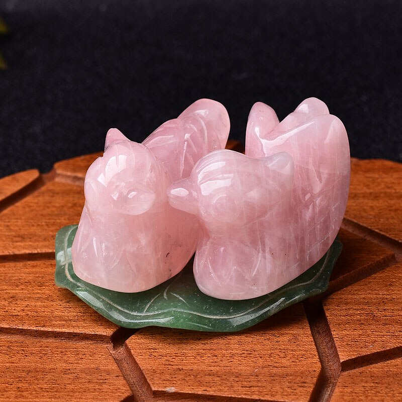 1 Set Rose Quartz Mandarin Duck Natural Crystal Stone Carved Lover Symbolize Figurine Lotus leaf decorative Home Decor Ornaments