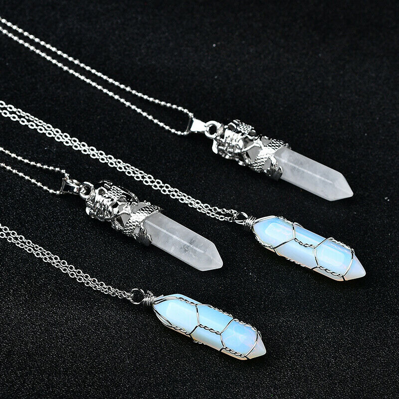 Opalite Dt Wire Wraping Necklace and Clear Quartz Pendulum Shaped Pendent Gift