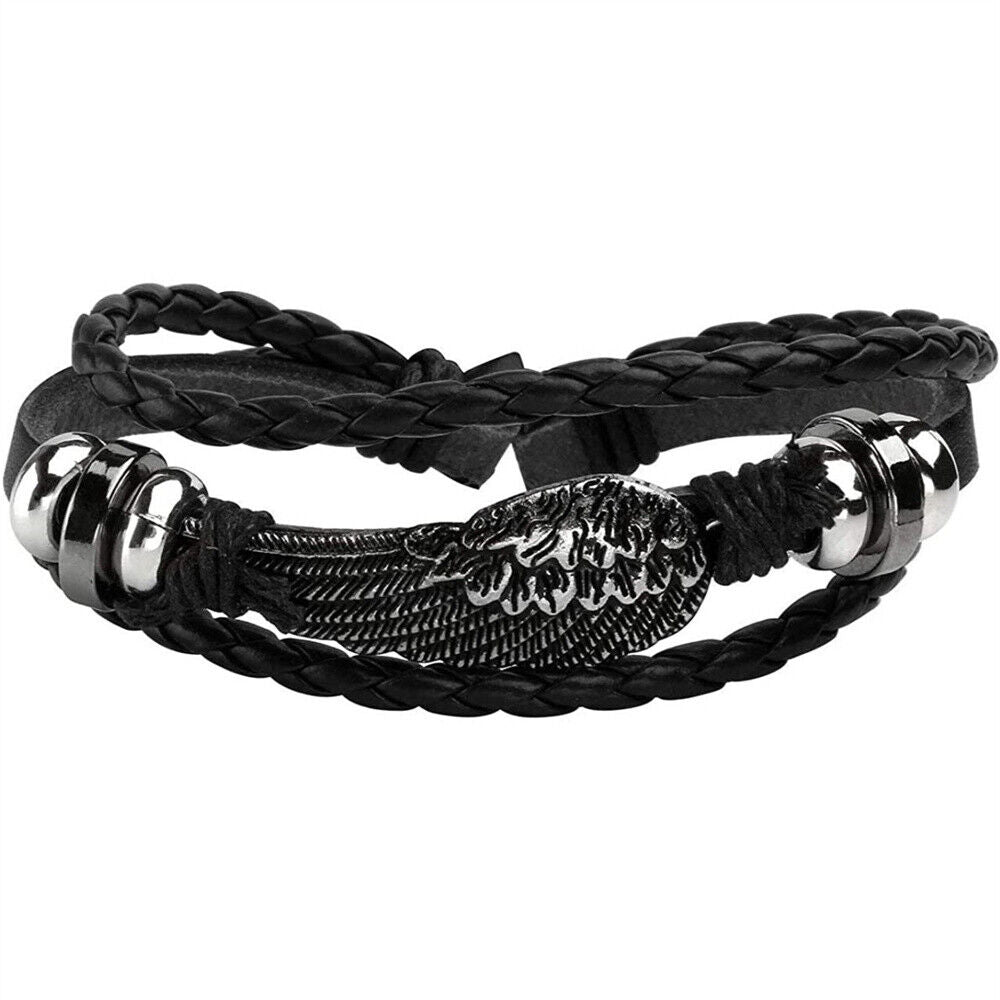 Braided Leather Bracelet Punk Cuff Wrap Bracelets for Men Women Adjustable Black