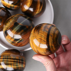 Natural Tiger Eye Healing Crystal Ball Gemstone Sphere with Wood Stand Sculpture