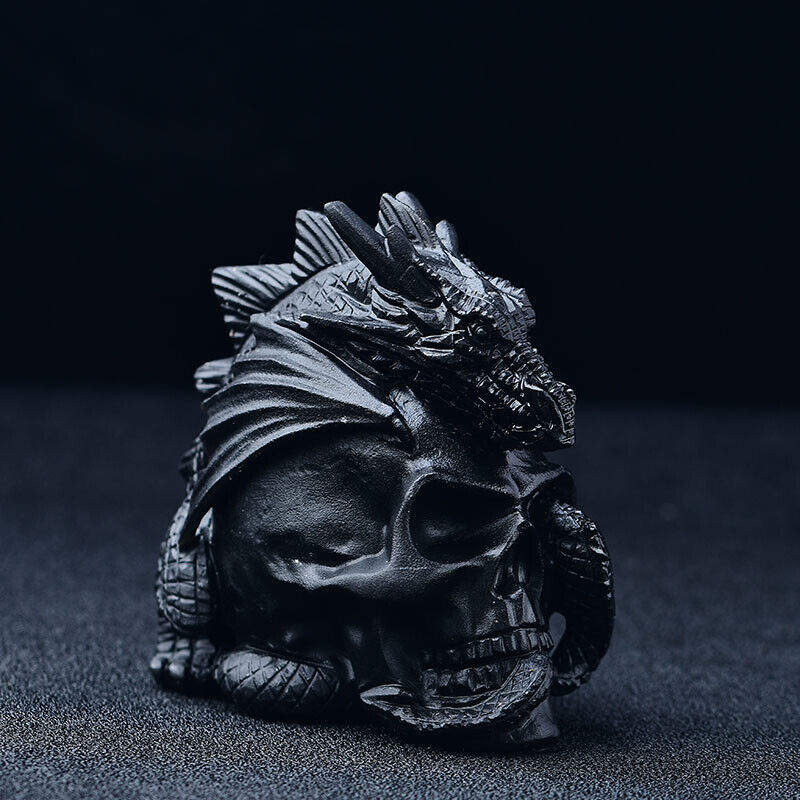 3.85Inch Obsidian Skull with Dragon Figurine Stunning Crystal Sculpture Gift