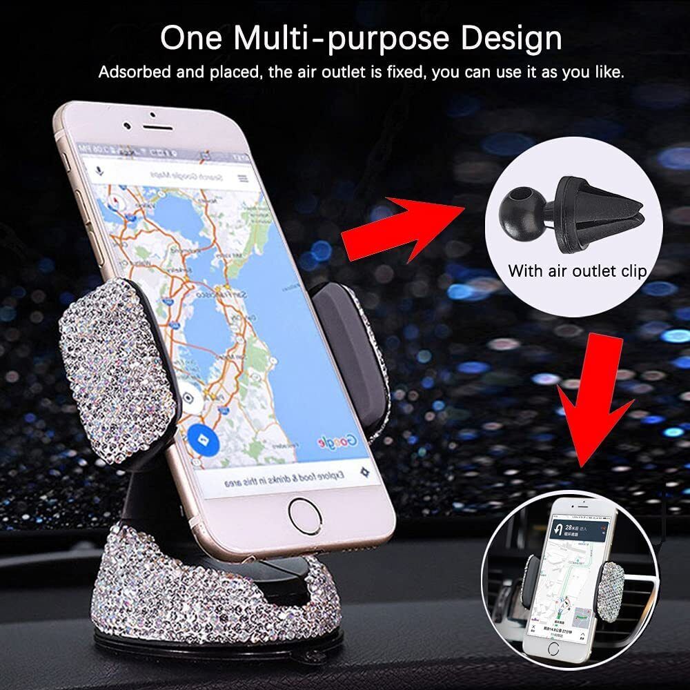 Bling Car Phone Holder, 360°Adjustable Crystal Auto Phone Mount Universal Rhinestone Car Stand Phone Holder Car Accessories for Windshield Dashboard and Air Outlet (White)