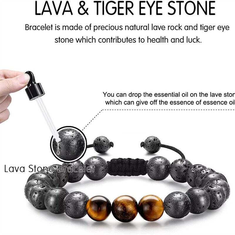 Tiger Eye Lava Rock Stone Handmade Mens Letter Obsidian Bracelet Stress Relief