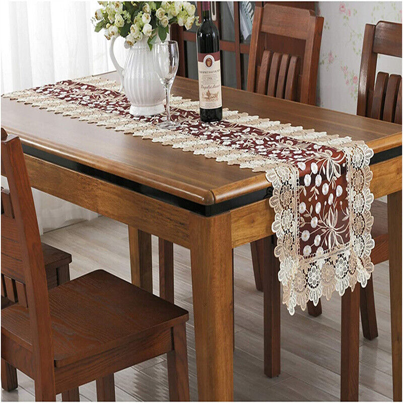 Lace Floral Embroidery Table Runner, Polyester Rectangle Transparent Dresser Scarf for Home Dining Room Tabletop Decoration, 16 x 48 Inches, Beige