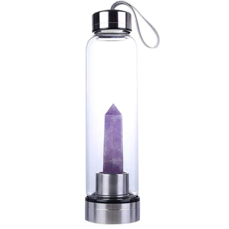 Crystal Glass Water Bottle, Water Bottle with Gemstone Center Crystal Elixir Bottle with Natural Crystal Point Healing Obelisk Wand Energy Cup