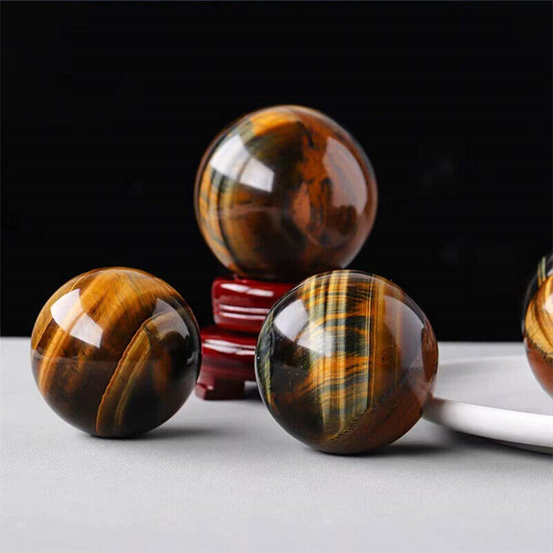 Natural Tiger Eye Healing Crystal Ball Gemstone Sphere with Wood Stand Sculpture