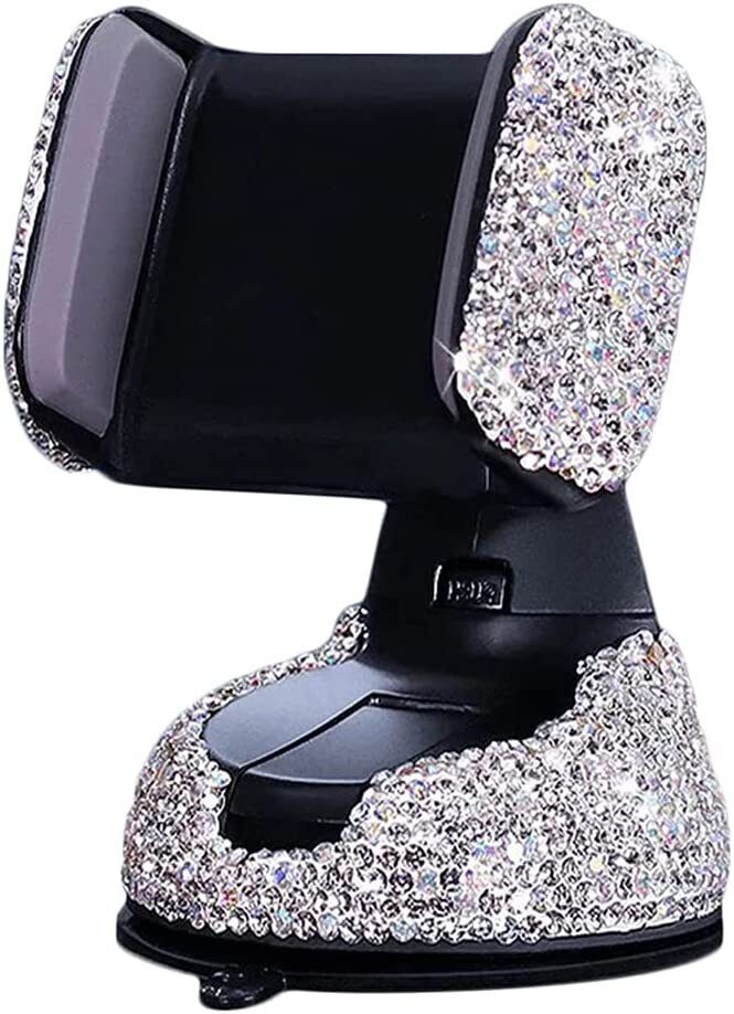 Bling Car Phone Holder, 360°Adjustable Crystal Auto Phone Mount Universal Rhinestone Car Stand Phone Holder Car Accessories for Windshield Dashboard and Air Outlet (White)