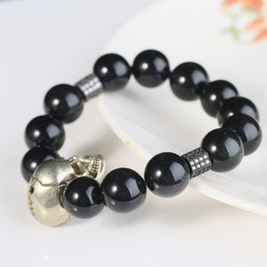 14.5mm Black Obsidian Gothic Skull Bracelets  Fashion Healing Crystal Beads Punk Hand-Made Charm Gemstone Bracelet