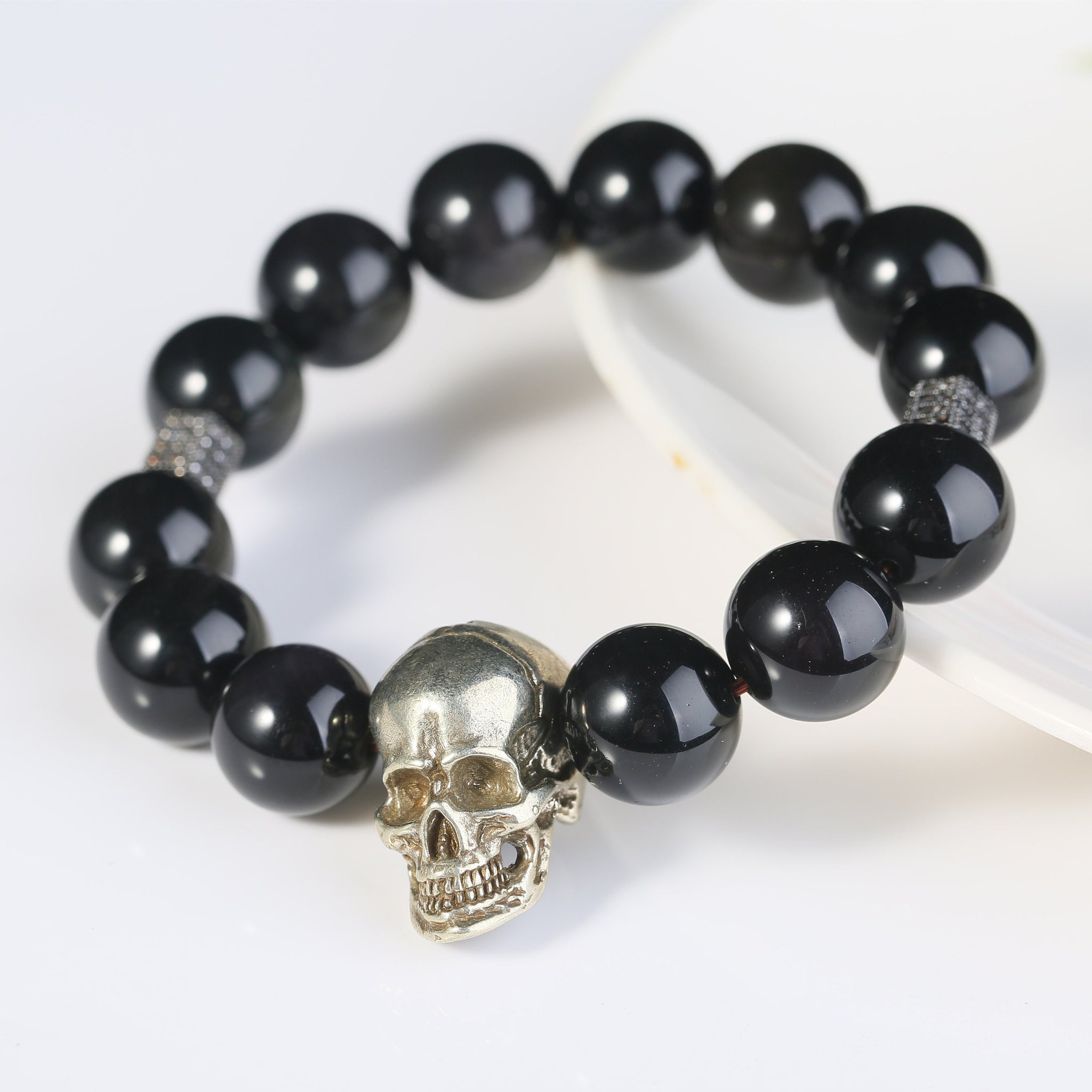 14.5mm Black Obsidian Gothic Skull Bracelets  Fashion Healing Crystal Beads Punk Hand-Made Charm Gemstone Bracelet