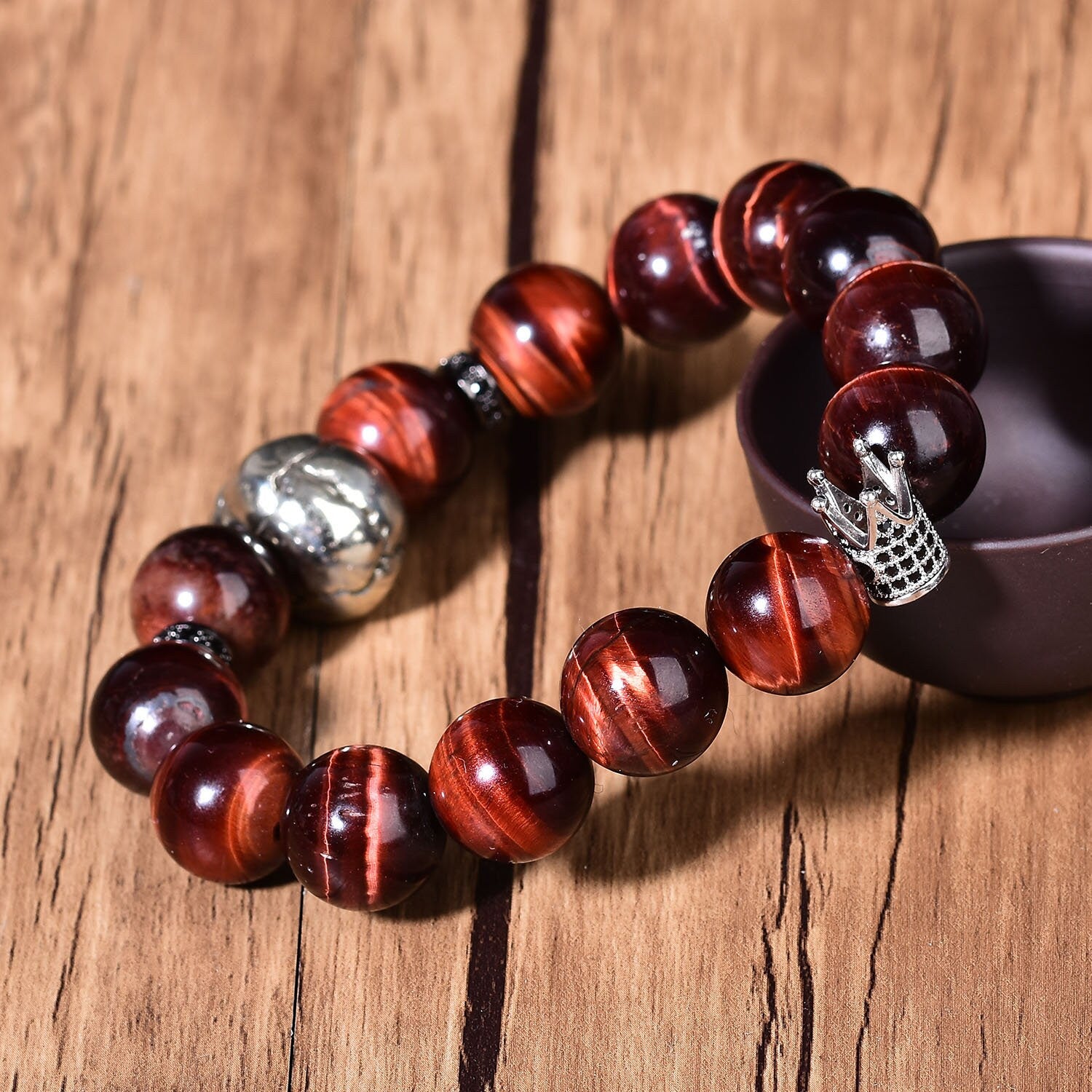 Natural Red Tigers Eye Bracelet Reiki Style Skull Fashion Chakra Crystal Beads Hand-Made Design  Gemstone Bracket  Elastic Balancing Energy