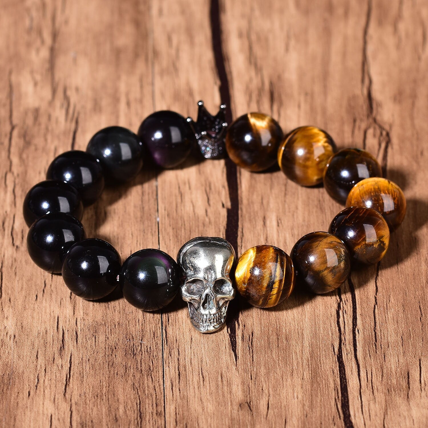 Tigers Eye and Obsidian Mixed Charm Bracelet Reiki Skull Fashion Chakra Crystal Beads Energized Gift Hand-Made Chakra Elastic Bracket