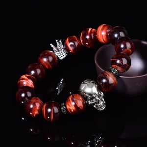 Natural Red Tigers Eye Bracelet Reiki Style Skull Fashion Chakra Crystal Beads Hand-Made Design  Gemstone Bracket  Elastic Balancing Energy