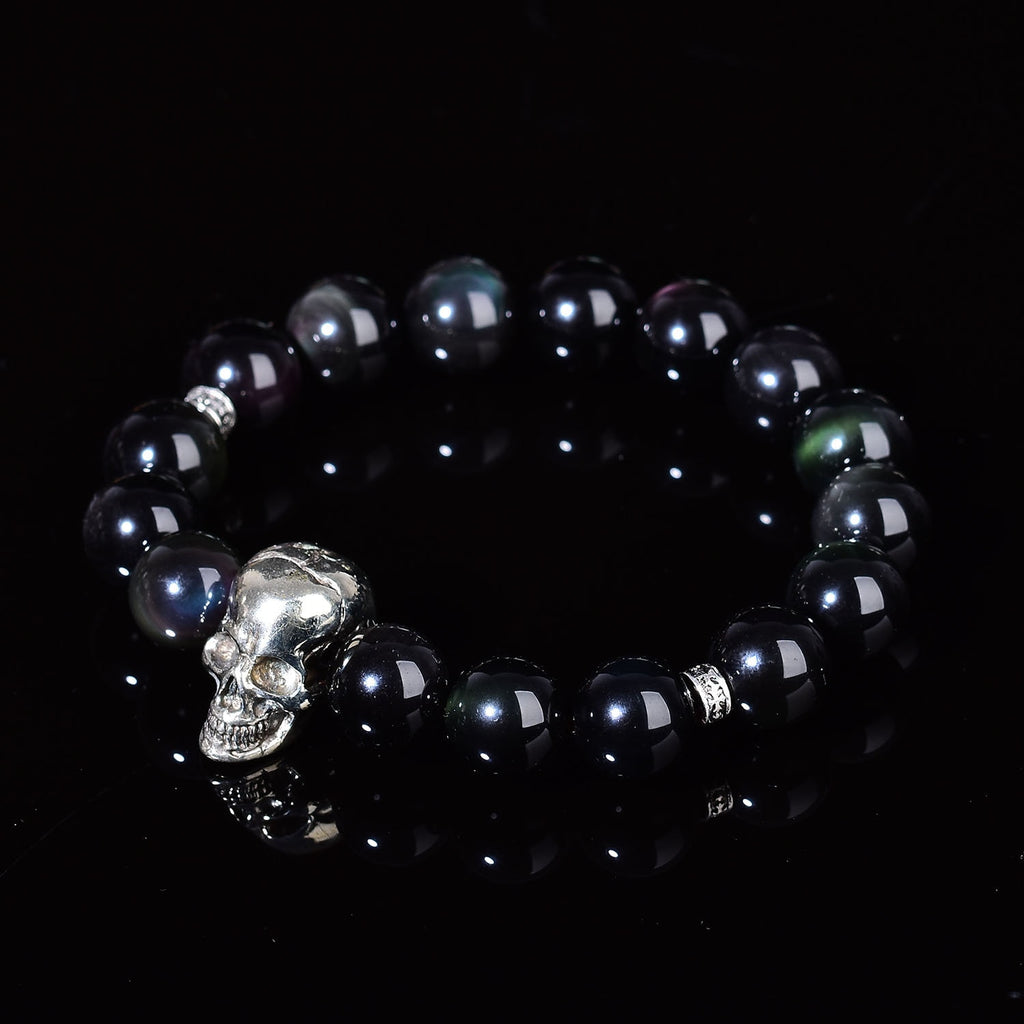 12mm Natural Obsidian Reiki Bracelet Chakra Skull Fashion Crystal Bead Silver Decor Hand-Made  Energized Crystal Healing Charm Bracelet