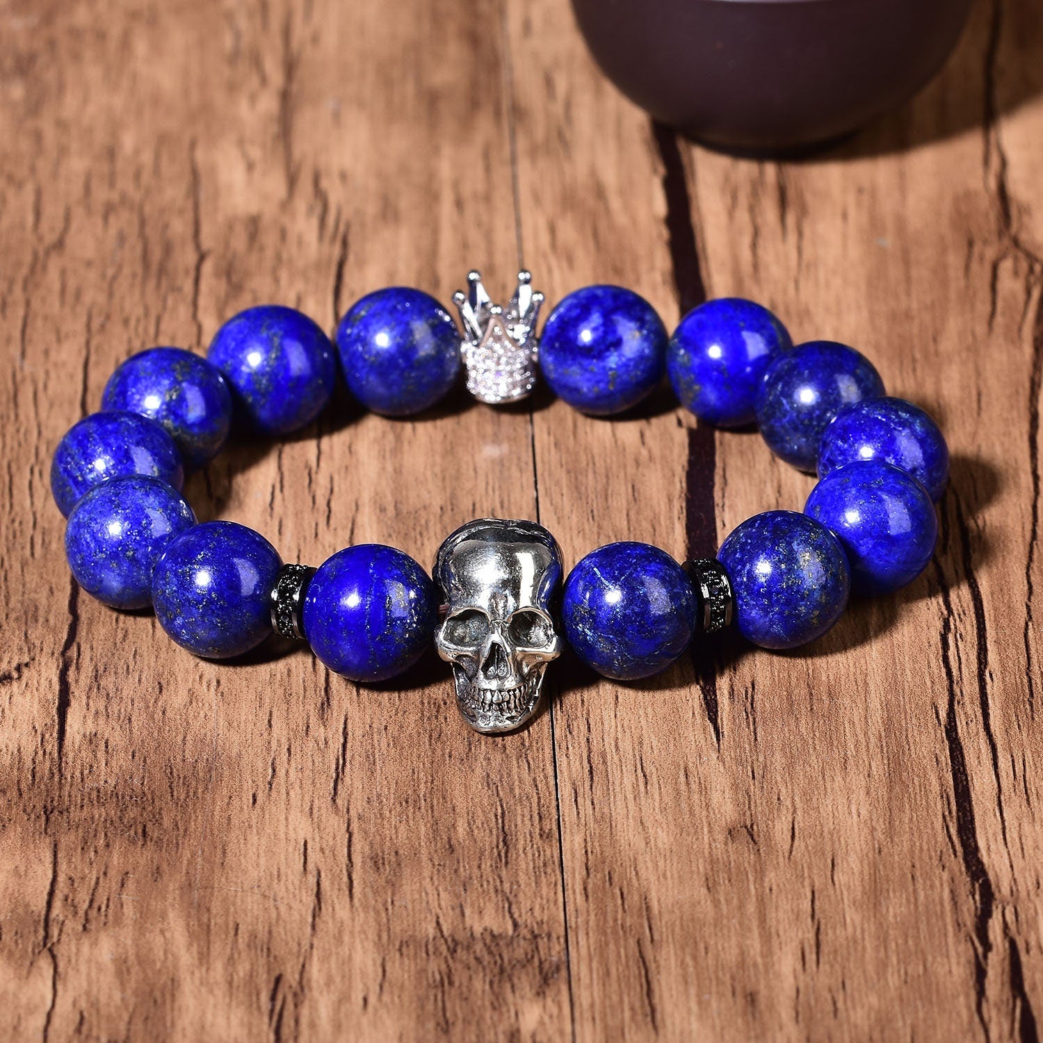 Natural Blue Lazurite Quartz Charm Bracelet Reiki Lapis Skull Healing Crystal Crown Gemstone Bracket Elastic Balancing Energy Hand-Made Gift