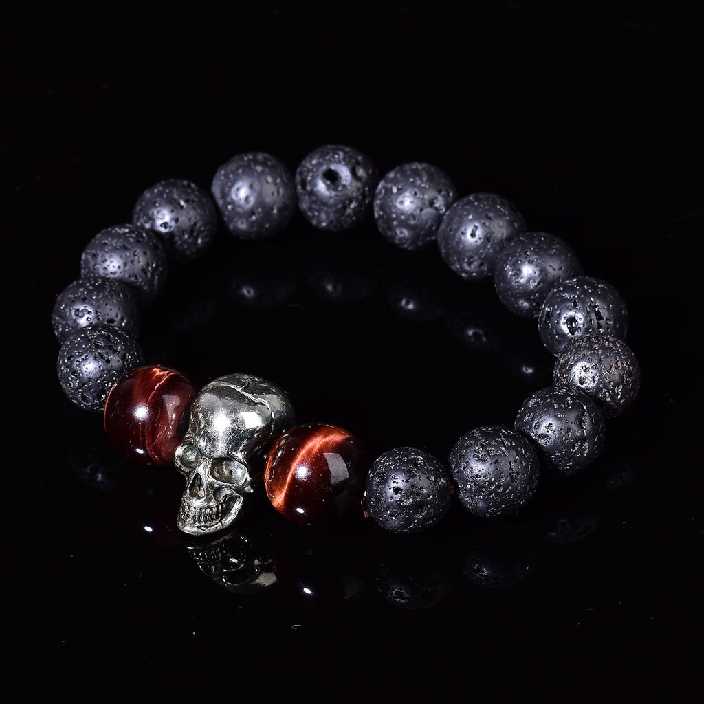 Natural Lava Bracelet Reiki Style Skull Fashion Chakra Crystal Beads Men Women Hand-Made Design Gemstone Bracket Elastic Balancing Energy