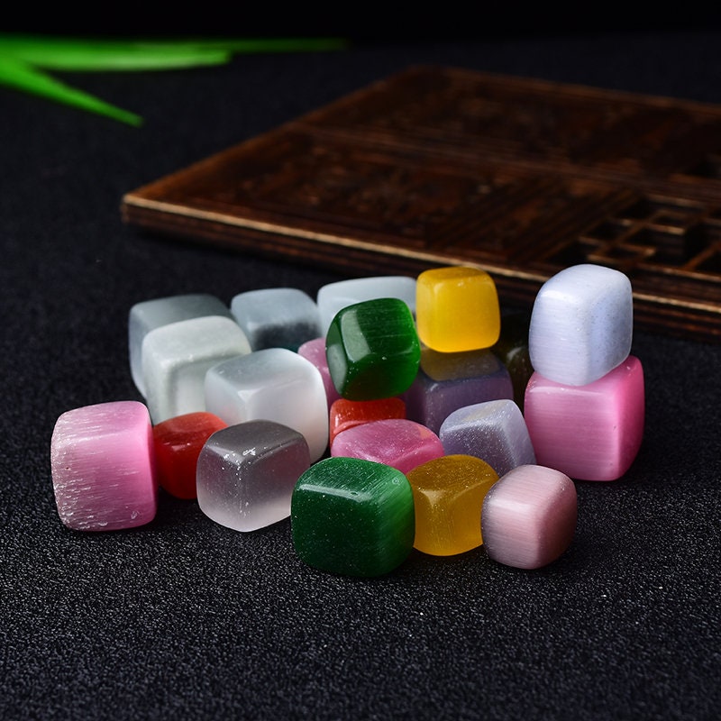 0.22LB Polished Natural Rainbow Cymophane CUBE Cat's Eye Tumbled Stone Gravel Square Crystal Stones Hand-Polished for Fish Tank Decor Garden