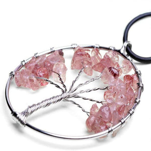 Natural Rose Crystal Gemstone Tree of Life Pendant Healing Crystals Tumbled Stone Craft Art Chakra Women Necklace Gift Collection