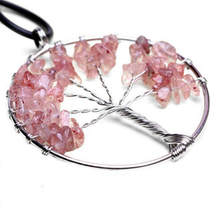 Natural Rose Crystal Gemstone Tree of Life Pendant Healing Crystals Tumbled Stone Craft Art Chakra Women Necklace Gift Collection