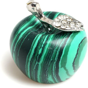 1.68‘’ Malachite Carved Apple Natural Quartz Healing Crystal Stone Craft Carved Figurine Alloy Leaf Ornament