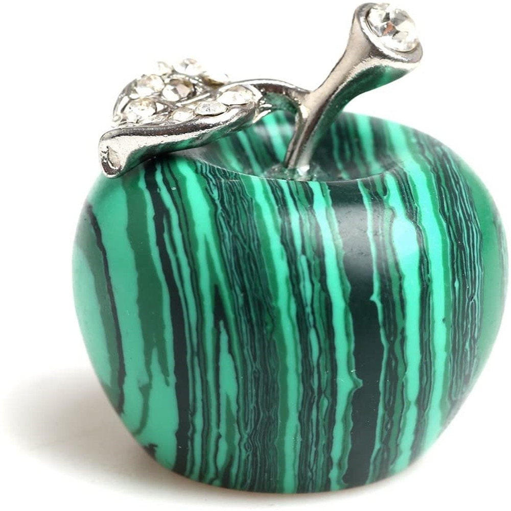 1.68‘’ Malachite Carved Apple Natural Quartz Healing Crystal Stone Craft Carved Figurine Alloy Leaf Ornament