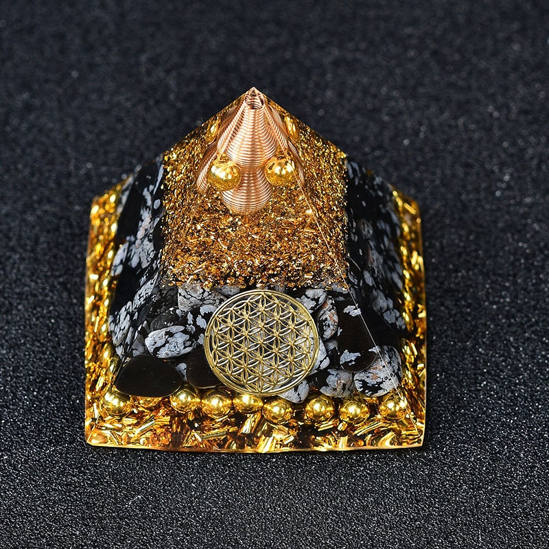 2.36‘’ Orgone Pyramid Snow Flake Obsidian Stone Hand Made Brass Quartz Healing Crystal Meditation Home Decoration Collection Gift