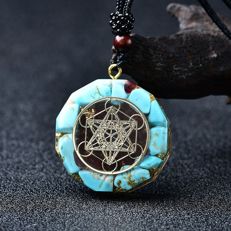 Blue Howlite Orgonite Pendant Necklace Crystal Healing Hand Made 7 Chakra Metatron Cube Craft Necklace