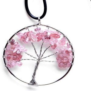 Natural Rose Crystal Gemstone Tree of Life Pendant Healing Crystals Tumbled Stone Craft Art Chakra Women Necklace Gift Collection