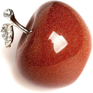 Natural Quartz Healing Crystal Stone Craft Collection Red Goldstone Apple Carved Figurine Statue Alloy Leaf Home Ornament Wedding Decoration