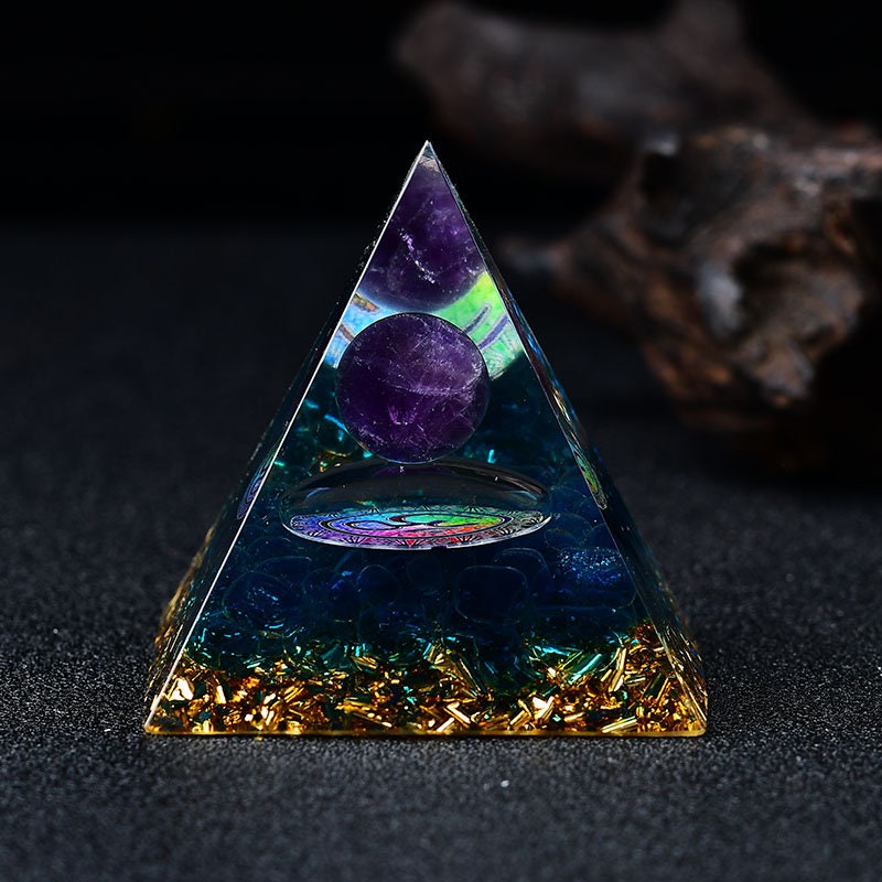 2.36‘’ Magic Orgonite Pyramid Amethyst Crystal Hand Made Sphere with Blue Quartz Crystal Home Decoration Collection Gift