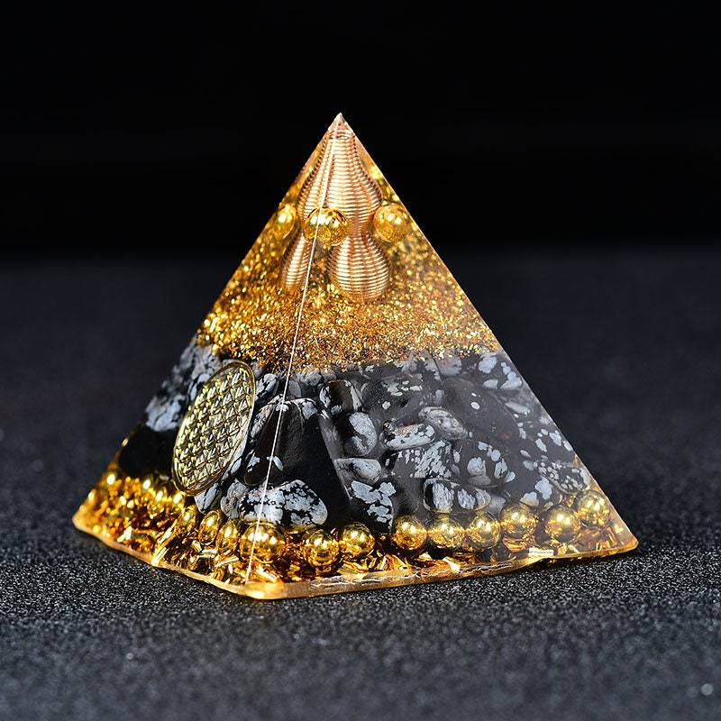 2.36‘’ Orgone Pyramid Snow Flake Obsidian Stone Hand Made Brass Quartz Healing Crystal Meditation Home Decoration Collection Gift