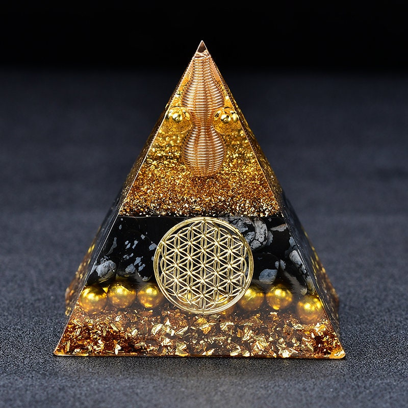 2.36‘’ Orgone Pyramid Snow Flake Obsidian Stone Hand Made Brass Quartz Healing Crystal Meditation Home Decoration Collection Gift