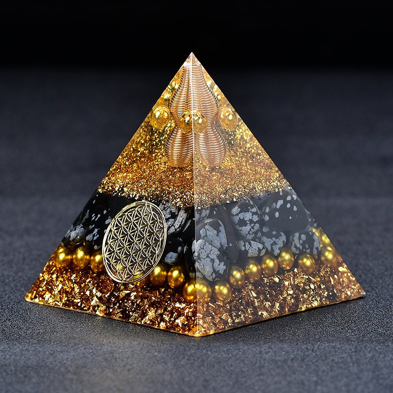 2.36‘’ Orgone Pyramid Snow Flake Obsidian Stone Hand Made Brass Quartz Healing Crystal Meditation Home Decoration Collection Gift