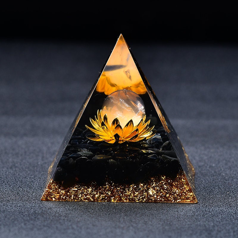 2.36‘’ Magic Orgonite Pyramid DIY Lotus Chakra Clear Quartz Sphere Obsidian Base Healing Crystal Sphere Home Decoration Collection Gift